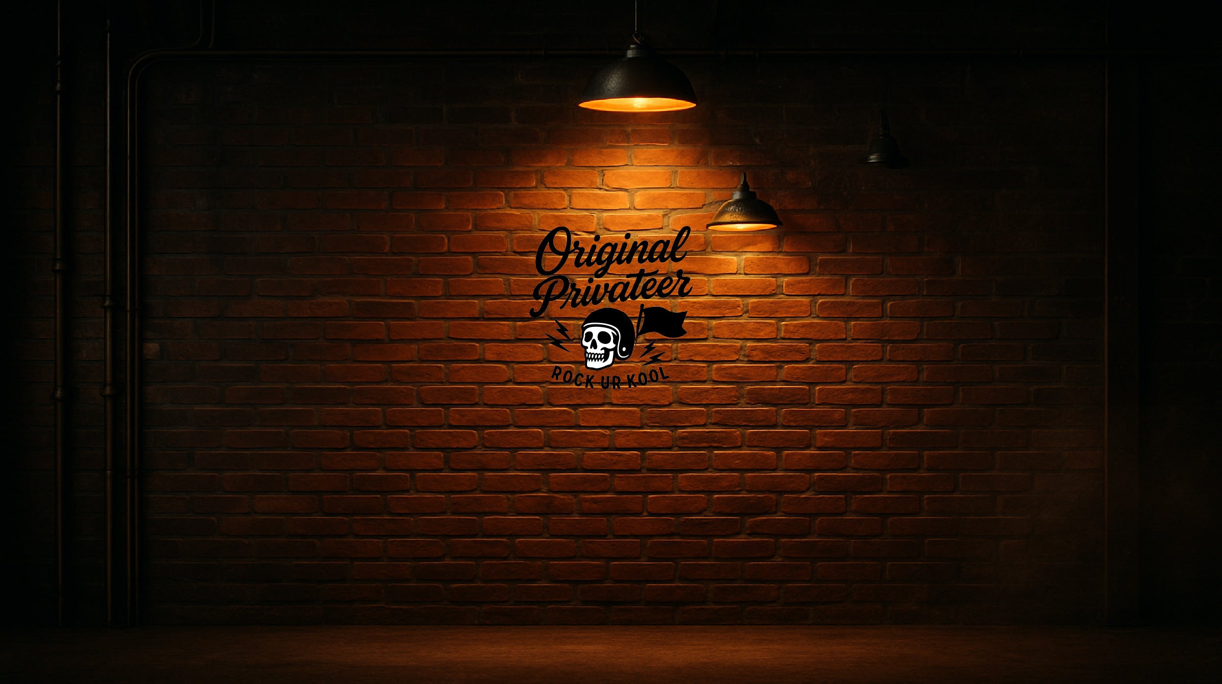 Brick wall with 'Original Privateer' logo illuminated by a hanging light bulb.